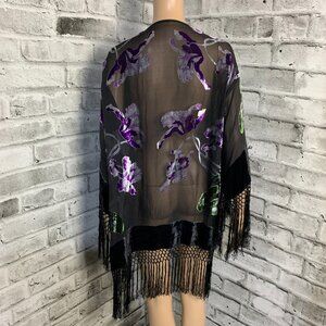 Vintage Velvet Burnout Kimono Shawl Black Purple Crochet Fringe Open Cardigan